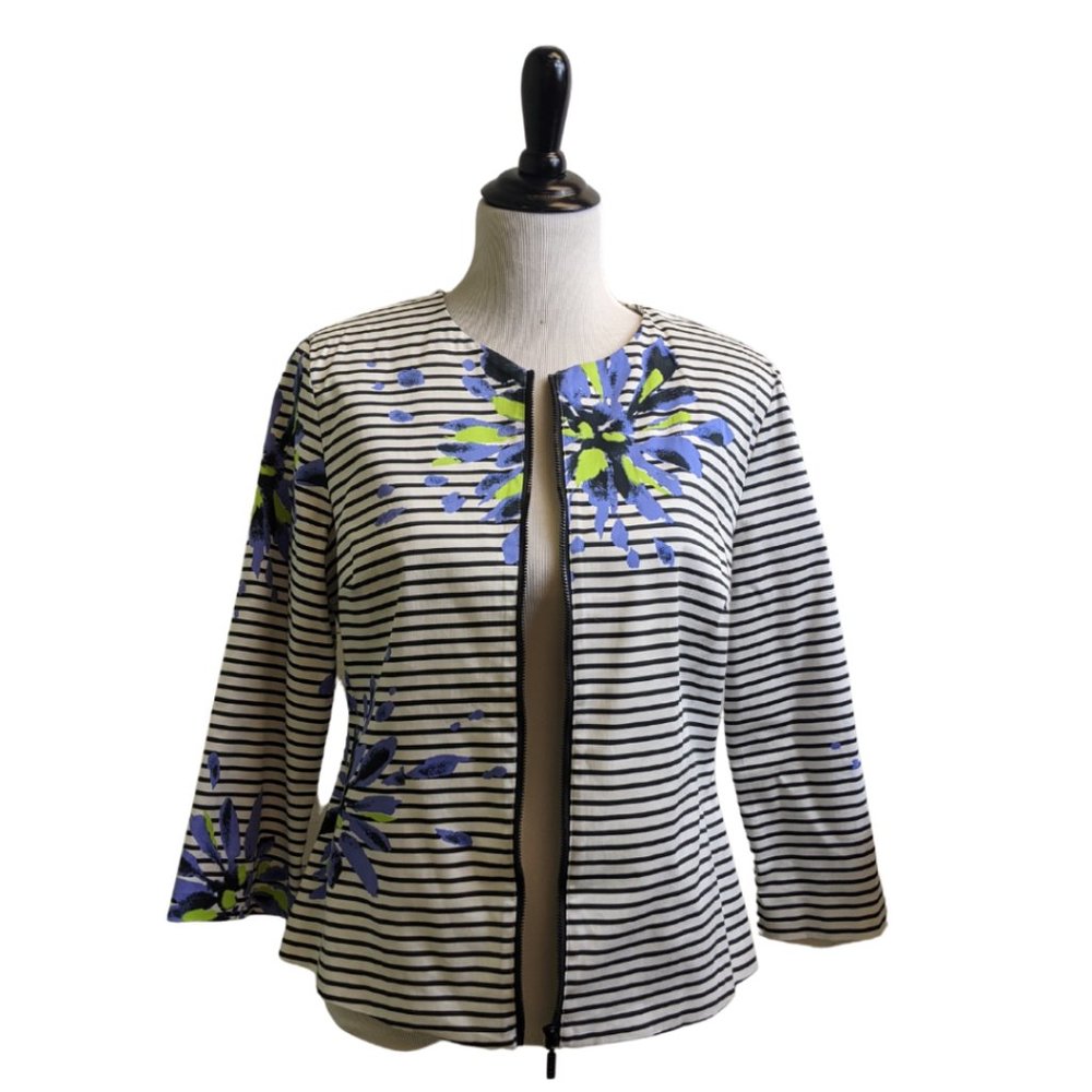 White Black Striped Floral Zip Up Teacher Jacket